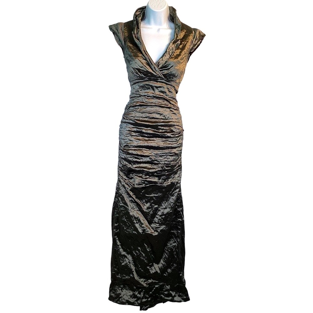 Nicole Miller Evening Gown Womens 2 Bronze Ruched Metallic Portrait Collar - Picture 16 of 16